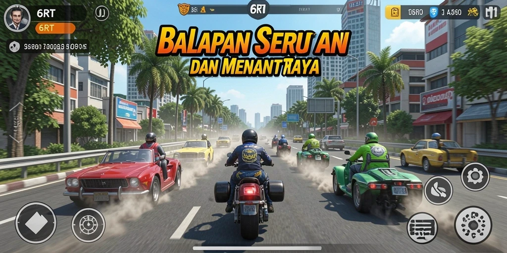 Screenshot utama 6RT menampilkan aksi balapan yang menegangkan di jalan raya.