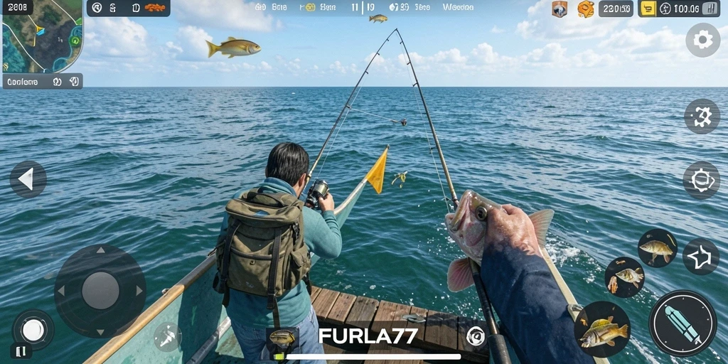 Gameplay FURLA77 yang menampilkan aksi memancing seru dan pemandangan laut yang indah.