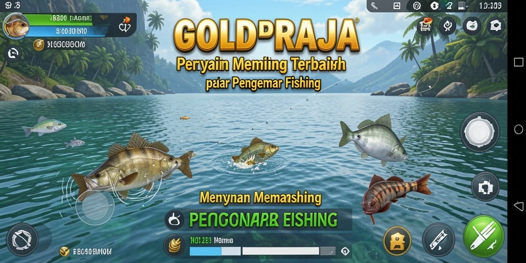 Gameplay mendebarkan dari GOLDRAJA saat memancing di lautan biru.