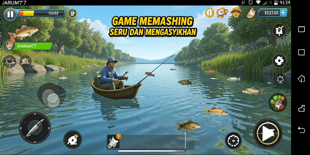Screenshot gameplay JARUM77 menunjukkan aksi memancing yang menegangkan.