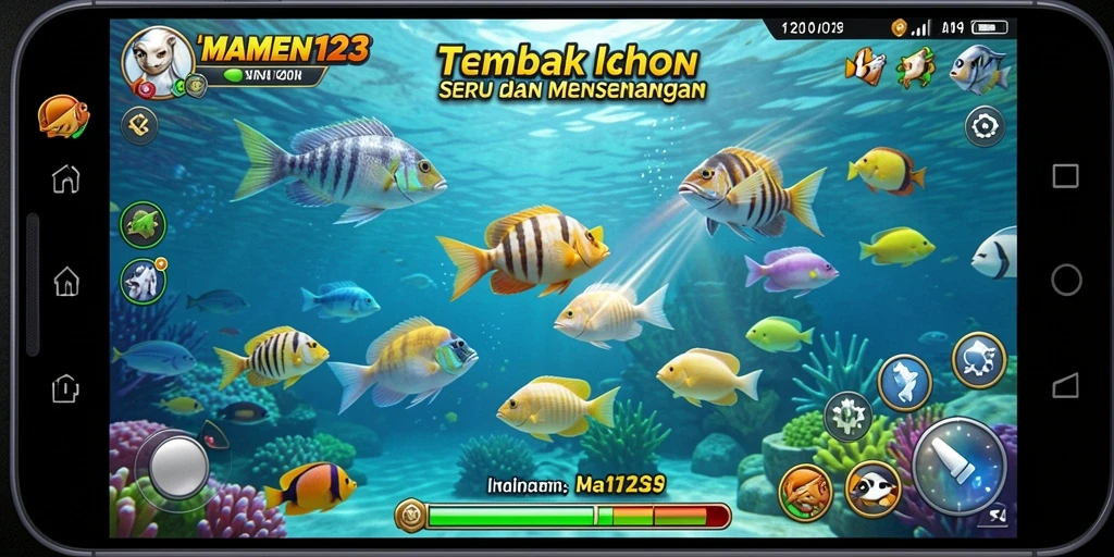 Layar gameplay MAMEN123 menampilkan aksi tembak ikan yang seru.