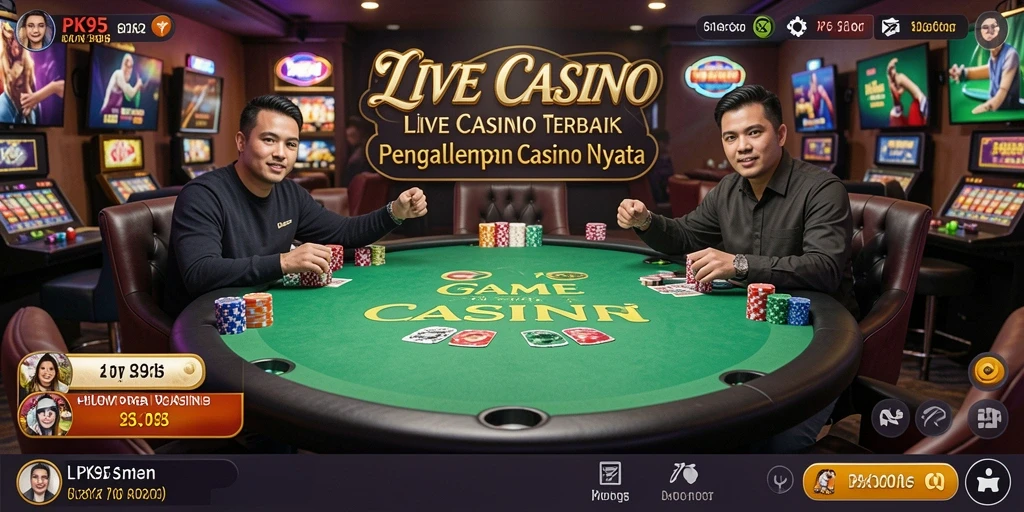 Screenshot PK95 menampilkan dealer langsung dan suasana permainan Live Casino yang mendebarkan.