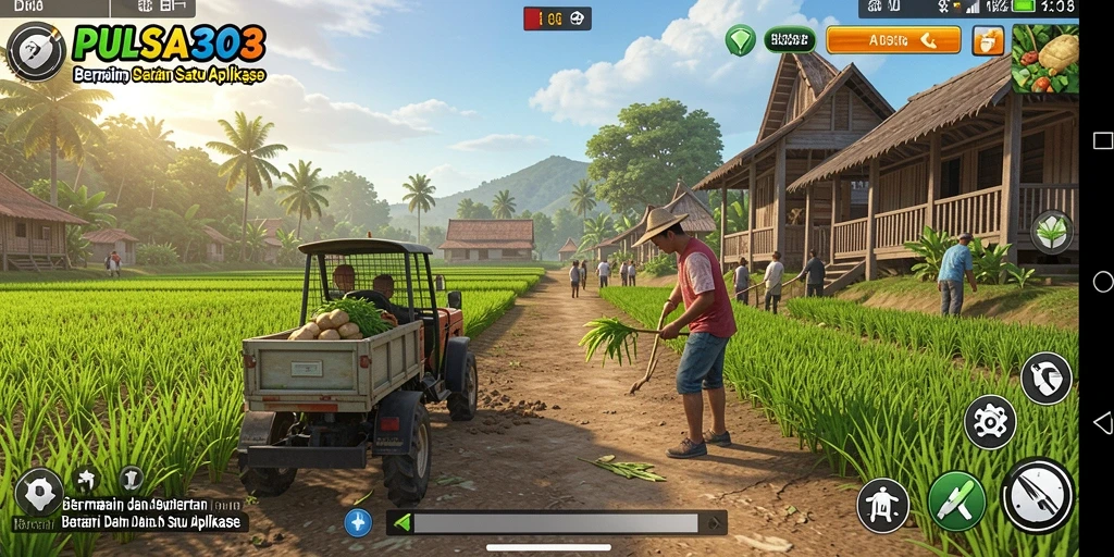 Screenshot gameplay PULSA303 yang menunjukkan aktivitas bertani yang seru dan interaksi antar pemain.