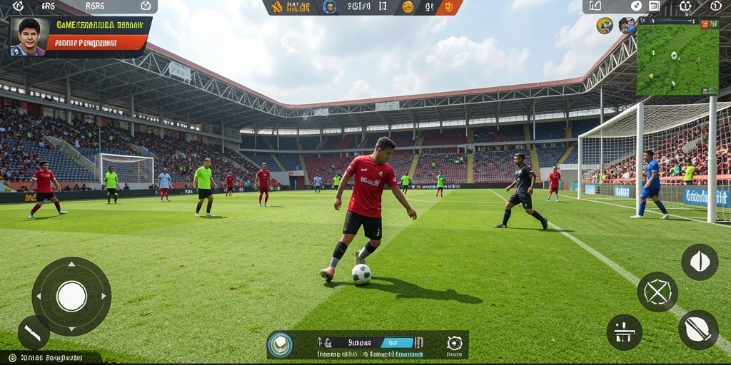 Screenshot gameplay R6R6 menampilkan aksi sepak bola seru di lapangan.