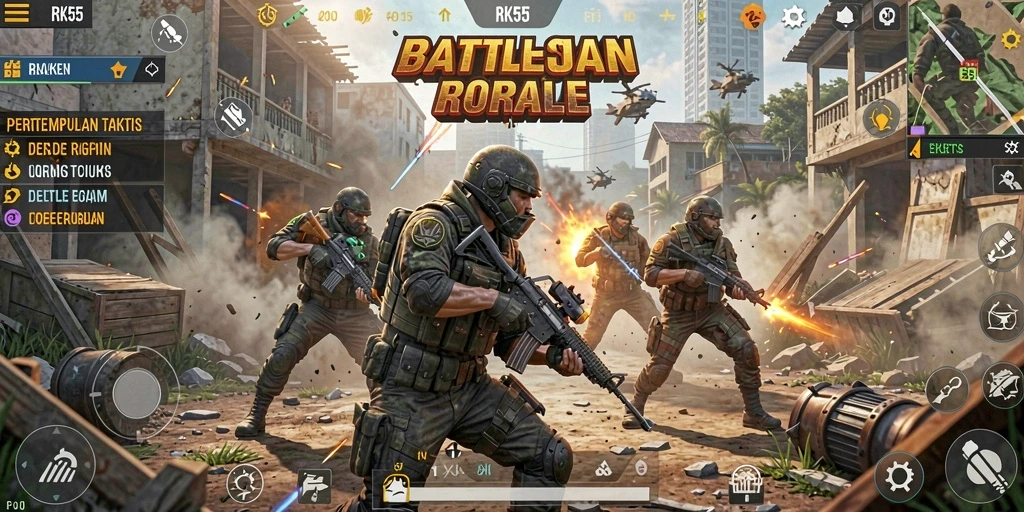 Tangkapan layar utama RK55 menampilkan aksi pertempuran seru dalam mode Battle Royale.