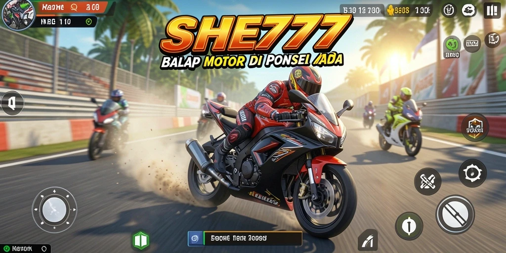 Screenshot utama SHE777 menampilkan aksi balapan motor yang mendebarkan.