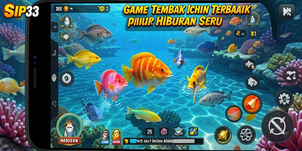 Tampilan gameplay utama SIP33 yang menggambarkan aksi menembak ikan.