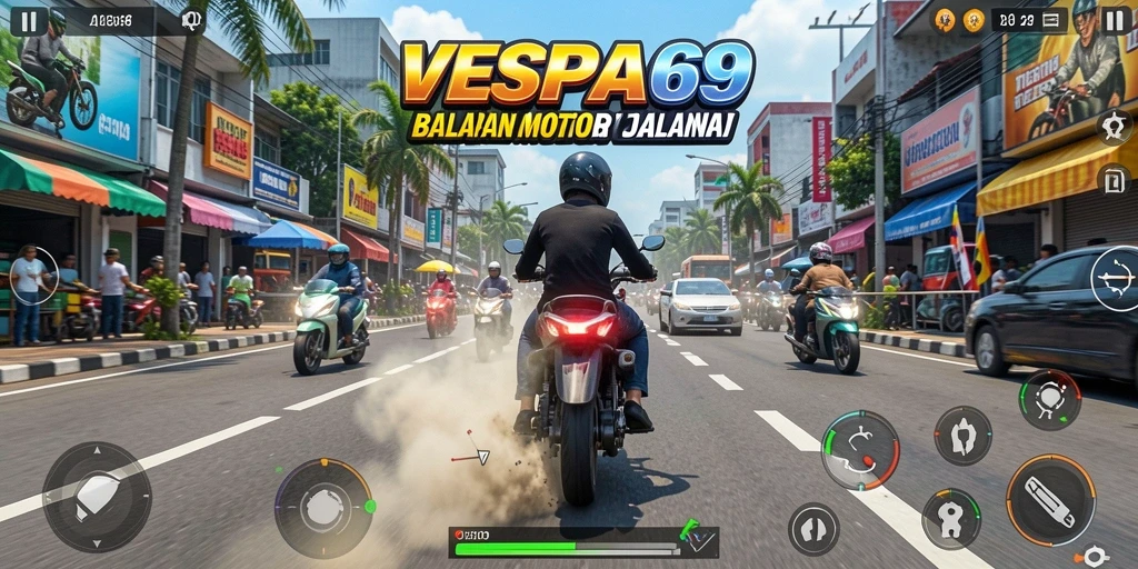 Gameplay VESPA69 yang seru dengan balapan motor cepat di jalan.